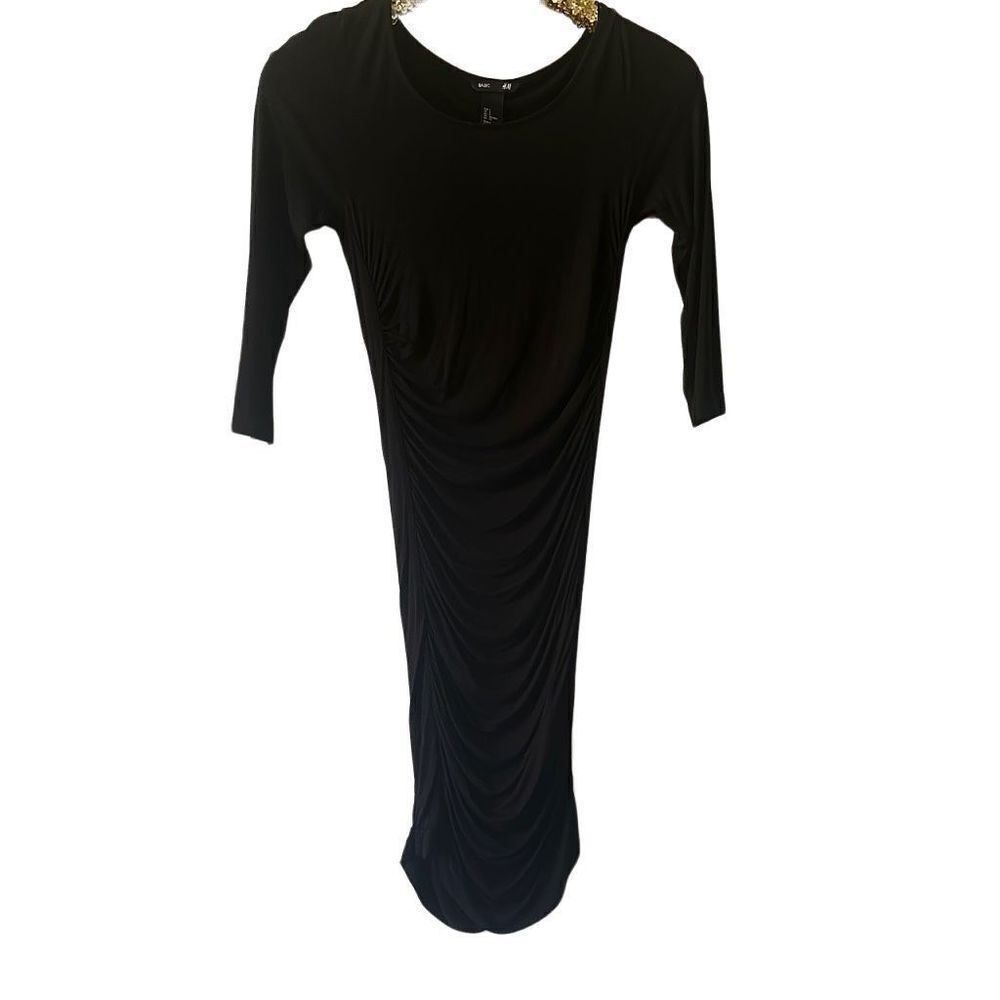 H&M black rouched cotton cocktail midi dress with long sleeves | sz small